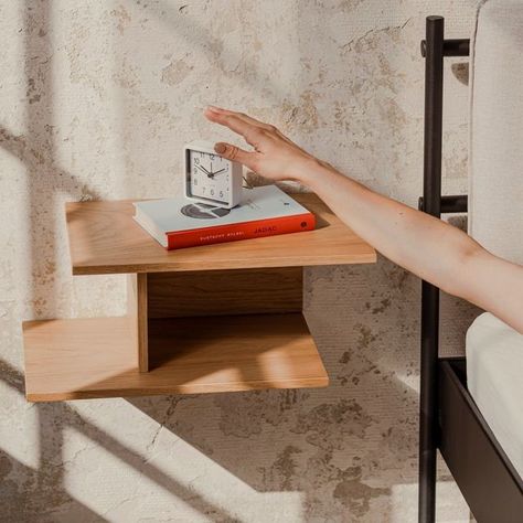 noo.ma on Instagram: "Tann Bedside Shelf is here - come say hi! This modern shelf, hung by the side of your bed, will allow you to keep your essentials within easy reach. Discover more in stories. #nooma #shelfdesign #interiordesign" Hanging Nightstand, Floating Bedside Shelf, Traditional Nightstand, Bedside Shelf, Bedroom Nightstand, Modern Shelf, Large Candle Holders, Night Stands, Low Shelves