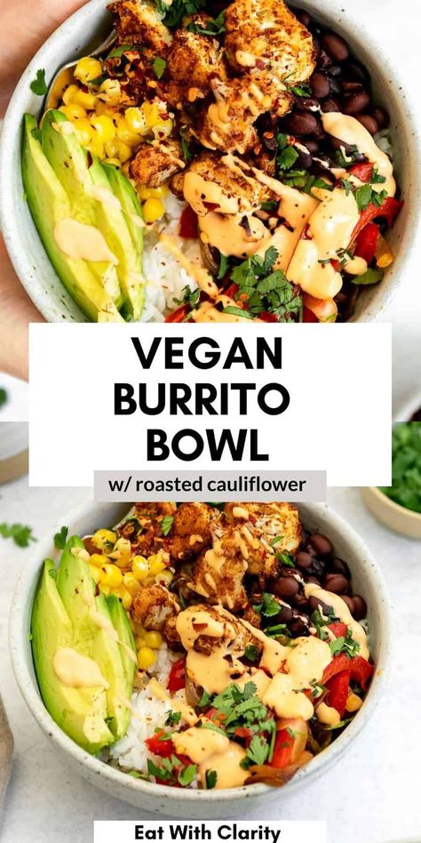 This vegan roasted cauliflower burrito bowl is easy to make, with tons of vegetables, cilantro lime rice, black beans and an easy chipotle cashew dressing. This vegan buddha bowl is healthy, gluten free and perfect for meal prep! Vegan Burrito Bowl, Healthy Burrito Bowl, Vegetarian Burrito, Chipotle Bowl, Burrito Bowls Recipe, Vegan Burrito, Burrito Bowl, Vegetarian Recipes Easy, Mediterranean Diet Recipes