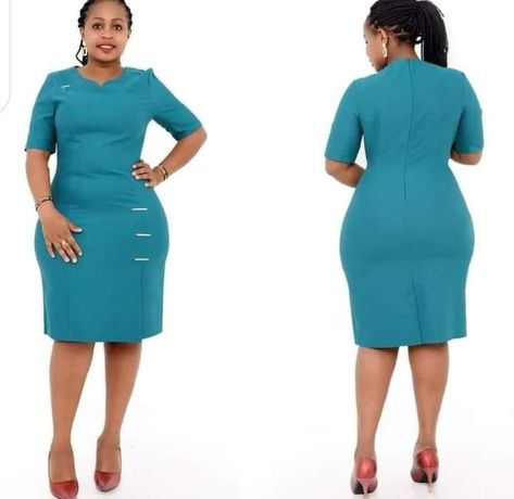 Turquoise green dress with side metallic embellishments. Official Outfits For Women Dress, Office Wear For Plus Size Women, Latest Office Dresses For Ladies, African Office Wear, Office Dress Style Work Wear, Office Dresses For Women Work Attire, Dresses For Work Business, Official Dresses For Work, Office Outfits Women Plus Size