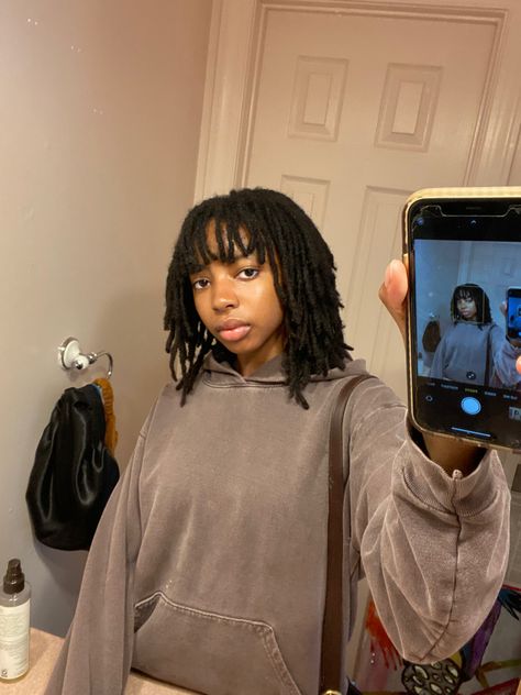 Dread Locks With Bangs, Short Dreads With Bangs, Skunk Hair Dye Dreads, Starter Locs With Bangs, Fluffy Locs Hairstyles, Super Short Locs, Loc Mullets, Dreadlock Mullet, Loc Mullet