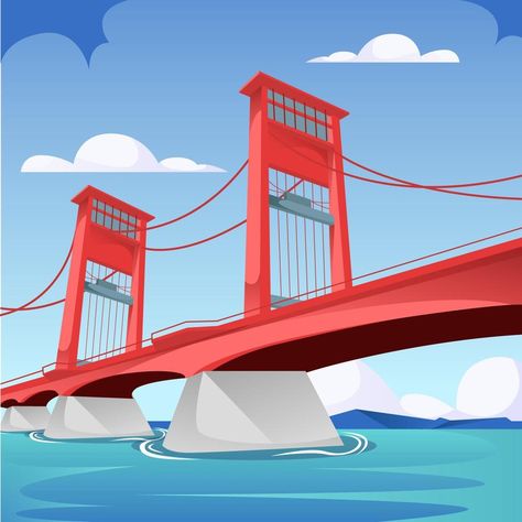 AMPERA Bridge in South Sumatra Indonesia. famous landmark building in sunset landscape concept in cartoon illustration vector Bridge Aesthetic, South Sumatra, Landmark Buildings, Landscape Concept, Design Clothing, Sunset Landscape, Famous Landmarks, Aesthetic Stickers, Illustration Vector