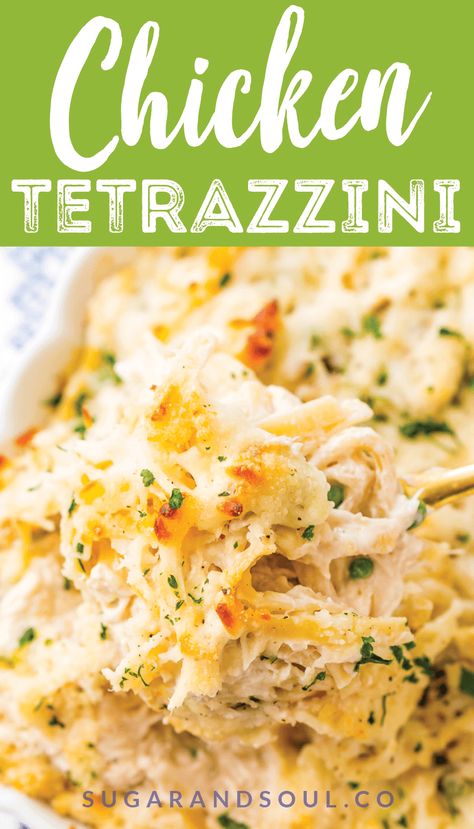 This Chicken Tetrazzini recipe is an easy, cozy, and delicious casserole dish! Fettuccine, chicken, mushrooms, and peas are baked into a creamy cheese sauce with tons of flavor! It's an instant family favorite! Fettuccine Chicken, Tetrazzini Recipes, Chicken Tetrazzini Casserole, Chicken Tetrazzini Recipes, Creamy Cheese Sauce, Chicken Mushrooms, Instant Family, Mexican Cornbread, Chicken Casseroles