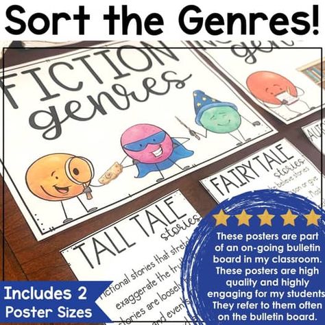 Reading Genre Posters Classroom Library Back to School ELA Bulletin Board Idea Ela Bulletin Boards, Reading Genre Posters, Reading Genres, Genre Posters, Posters Classroom, Fairytale Stories, Board Display, Bulletin Board Display, Classroom Library