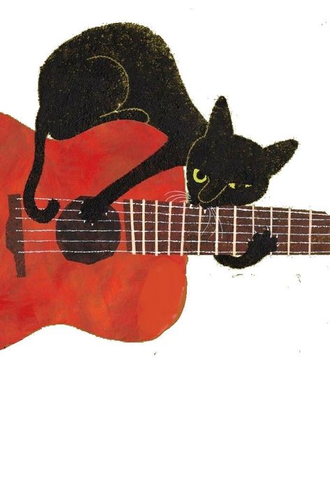 A Black Cat, A Cat, A Black, Black Cat, Guitar, Red, Black, Art