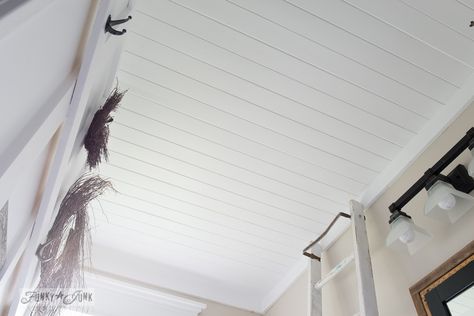 How to plank a bathroom ceiling with pine planks. What a beautiful look! - full tutorial via http://www.funkyjunkinteriors.net/ How To Plank, Covering Popcorn Ceiling, Removing Popcorn Ceiling, Plank Ceiling, Popcorn Ceiling, Funky Junk Interiors, Farmhouse Windows, Bathroom Ceiling, Up House