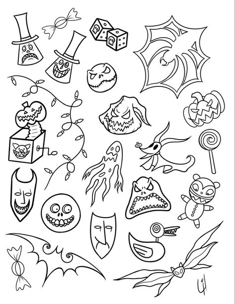 Flash Tattoos For Beginners, Tattoo Stencils Flash Sheet, Movie Tattoo Flash Sheet, Nightmare Before Christmas Finger Tattoo, Nightmare Before Christmas Matching Tattoos, Spooky Tattoos Flash, Simple Halloween Tattoo Flash, Small Nightmare Before Christmas Tattoo Ideas, Unique Nightmare Before Christmas Tattoo