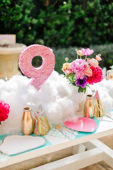 Cloud-inspired Guest Table Setup from a Cloud-inspired Guest Table from a "Cloud Nine" Rainbow 9th Birthday Party on Kara's Party Ideas | KarasPartyIdeas.com (31) Cloud 9 Party Decorations, Cloud 9 Birthday Decorations, Cloud 9 Table Decorations, Birthday Theme For 9 Year Girl, Nine Year Old Girl Birthday Party Ideas, Cloud 9 Birthday Party Ideas Food, Cloud 9 Birthday Party Ideas Girl, 9 Year Birthday Party Theme Girl, 9 Year Birthday Party Theme