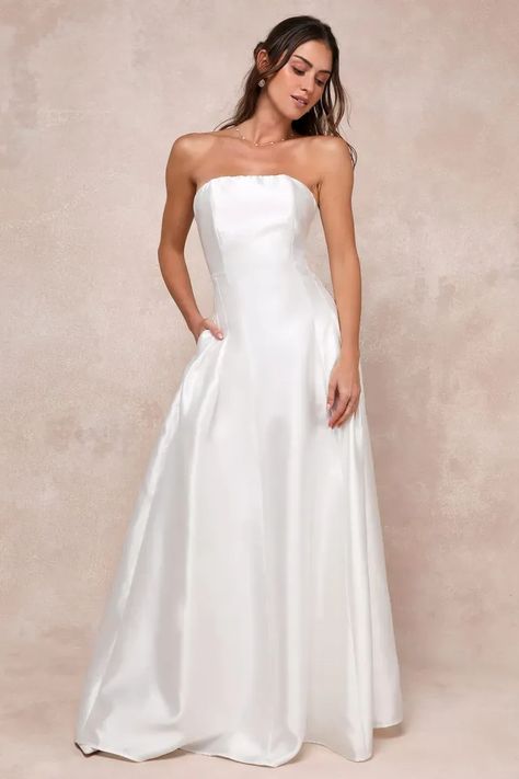 Lulus strapless taffeta wedding dress Lulus Wedding Dress, Bridal Era, Luxe Wedding Dress, Lulus Wedding, Taffeta Wedding Dress, Plain Wedding Dress, Satin Wedding Gown, Maxi Dress With Pockets, Dress Attire