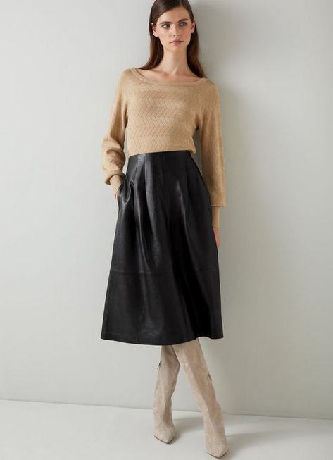 Farrow Black Leather A-Line Skirt | Clothing | Collections Leather A Line Skirt Outfit, Line Skirt Outfit, Leather A Line Skirt, Tan Blouse, Luxury Wardrobe, Evening Tops, Perfect Wardrobe, Line Skirt, Blouse Black