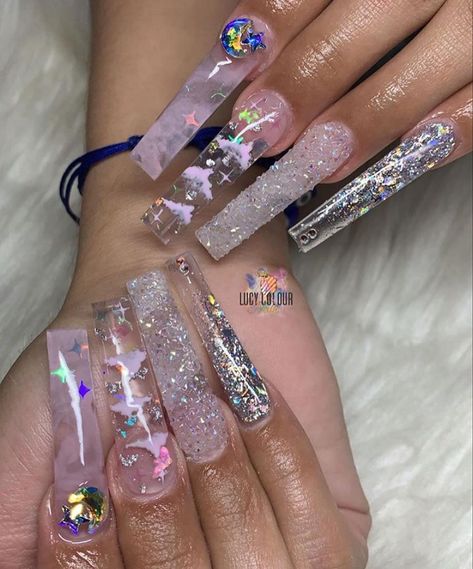 Sagittarius Nails, Drip Nails, Long Acrylic Nails Coffin, Exotic Nails, Bling Acrylic Nails, Clear Nails, Acrylic Nails Coffin, Birthday Nails, Coffin Nails Designs