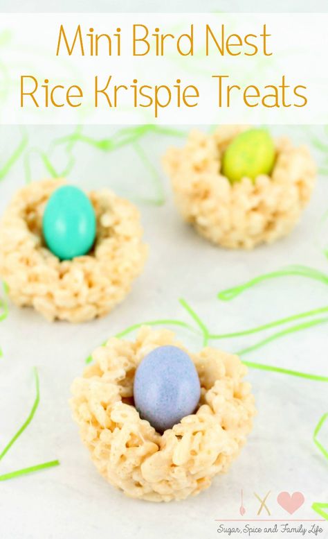 Mini Bird Nest Rice Krispie Treats are a fun kid friendly treat that is perfect for Spring and Easter. Each rice krispie treat is shaped into a nest and filled with candy eggs to make an edible bird nest. - Mini Bird Nest Rice Krispie Treats Recipe on Sugar, Spice and Family Life Cocoa Krispie Treats, Edible Bird's Nest, Birdie Birthday, Chocolate Nests, Cocoa Krispies, Cookie Cat, Candy Egg, Krispie Treats Recipe, Spring Treats