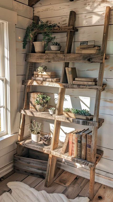 Unique Bookshelf Ideas to Add Personality to Your Home Wood Projects Bookshelf, Bookshelf With Ladder, Best Bookshelves, Pallet Bookshelves, Homemade Bookshelves, Ladder Bookshelves, Unique Bookshelf, Repurposed Ladders, Bookshelves Ideas