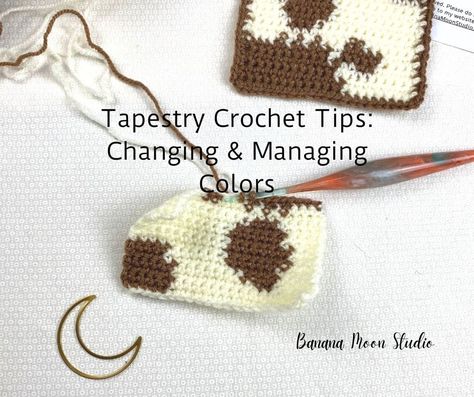 Learn the skills needed for tapestry crochet projects with this tutorial from Banana Moon Studio! The tutorial uses written descriptions, photos, and video to teach how to read color charts or graphs, how to change colors, how to manage the different colors with carrying, floats, or bobbins, and tips to minimize yarn tangles. Check out these tapestry crochet tips and free pattern suggestions, and be on your way to crocheting colorwork designs with words, pictures, and geometric designs. Tapestry Crochet Patterns Cute, Tapestry Crochet 2 Colors, How To Make Tapestry Crochet Patterns, Tapestry Crochet Tutorial, Tapestry Crochet Tips, Tapestry Crochet Tutorial Videos, Diy Tapestry, Colorful Tapestry, Spots Pattern