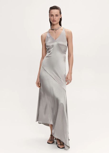 MARIA'S STYLE PLANET: Asymmetrical satin-finish dress Mango Dresses, Mango Dress, Contemporary Wardrobe, Dress Asymmetrical, Mango Outlet, Raincoats For Women, Parka Coat, Satin Dress, Asymmetrical Hem