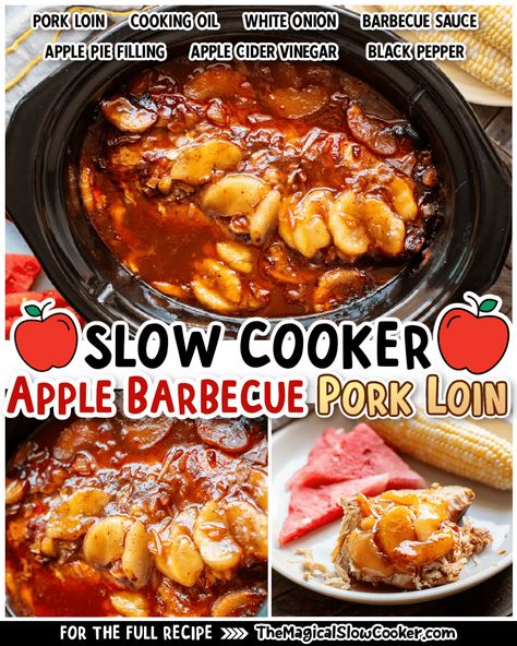 Slow Cooker Apple Barbecue Pork Loin is a tender pork loin covered in apple pie filling and barbecue sauce. - The Magical Slow Cooker #barbecue #porkloin #crockpot #slowcooker Boneless Pork Ribs Crockpot, Pork Loin Recipes Slow Cooker, Barbecue Pork Loin, Tender Pork Loin, Apple Pork Loin, Bbq Pork Loin, Crockpot Pork Loin, Magical Slow Cooker, Slow Cooker Apple