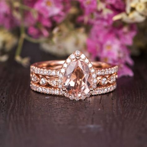 Morganite Bridal Set, Rose Gold Engagement Ring Set, Ring Pear Shaped, Gold Engagement Ring Set, Unique Bridal Jewelry, Wedding Band Women, Bridesmaid Jewelry Sets, Morganite Engagement, Dream Engagement Rings