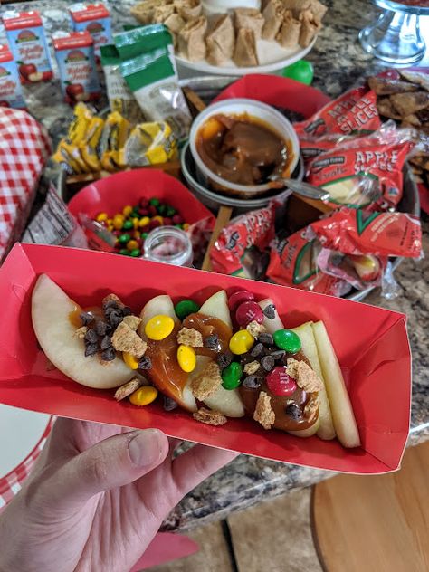 Caramel Apple Nacho Bar Apple Nacho Bar, Apple Themed Party, Apple Games, Apple Bar, Caramel Apple Bars, Apple Birthday, Yogurt Melts, Apple Nachos, Themed Party Ideas