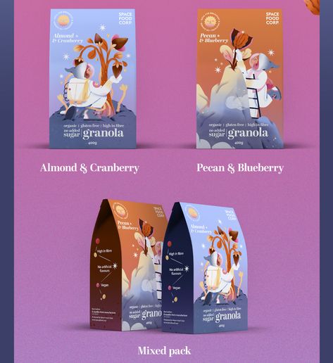 Spacefoodcorp Granola on Behance Granola Packaging Design, Nutrition Bowl, Character Graphic Design, Granola Packaging, Label Botol, Granola Brands, Cartoon Font, Branding Design Packaging, Design Illustrations