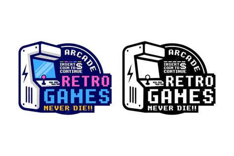 Premium Vector Sticker, Arcade Core, Planet Games, Arcade Logo, Games Over Text, Logo Class, Gaming Logo Design, Retro Arcade Machine, Video Game Logos