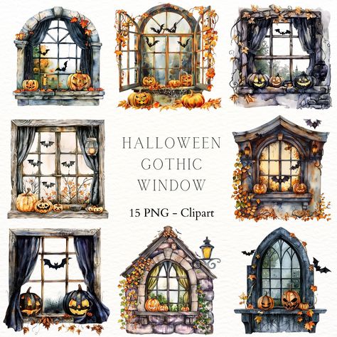 Day Of The Dead Projects, Spooky Watercolor, Window Clipart, Scary Pumpkins, Gothic Window, Deco Halloween, Day Of The Dead Halloween, Sublimation Crafts, Window Illustration