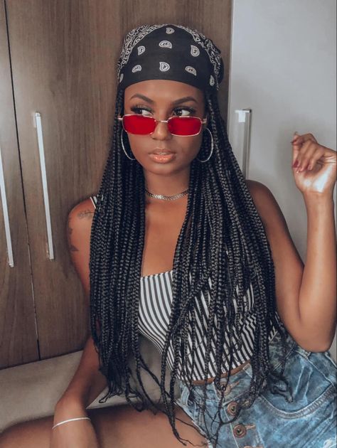 Braids And Bandanas Black Women, Box Braids With Bandana, Bandana With Braids, Bandana Looks, Retro Outfits 90s, Cornrows Natural, Cornrows Natural Hair, Bandana Outfit, Cute Box Braids