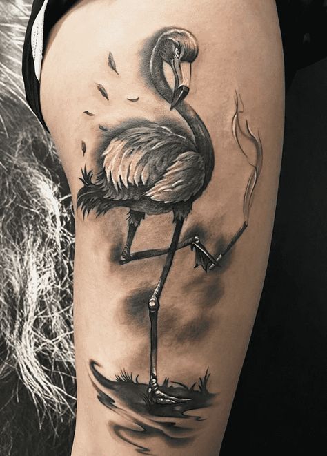 Flamingo Forearm Tattoo, Flamingo Tattoo Black And White, Black And Grey Flamingo Tattoo, Black And White Flamingo Tattoo, Flamingo Tattoo Design, Superwoman Tattoo Ideas, Flamingo Tattoo Black, Flamingo Tattoos For Women, Pink Flamingo Tattoo