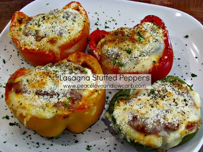 Lasagna Stuffed Peppers - Low Carb, Gluten-Free Lasagna Stuffed Peppers, Peace Love And Low Carb, Low Carb Lasagna, Meat Sauce Recipes, Low Carb Gluten Free, Peppers Recipes, Bell Peppers, Parmesan Cheese, Sans Gluten