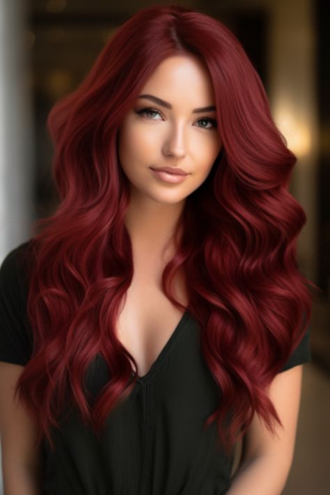 Lush currant long waves offer a sumptuous dark red, perfect for those with long, wavy hair. This versatile color complements both warm and cool skin tones and adds an element of luxury to your style. Click here to check out more stunning dark red hair color ideas for 2023. Haircolour Ideas Color Trends, Different Shades Of Red Hair Color, Burgundy Hair Color Formula, Cool Toned Red Hair Color, Red Mahogany Hair Color, Red Hair For Warm Skin Tones, Red Hair Warm Skin Tone, Mahogany Red Hair Color, Warm Red Hair Color