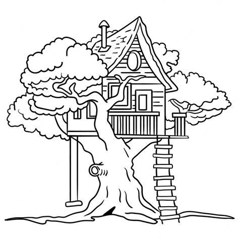 Treehouse Coloring Page, House Outline Drawing, Tree House Coloring Pages, Tree House Illustration, Dnd House, Dream House Drawing, Haunted House Drawing, Tree House Drawing, Chibi Coloring