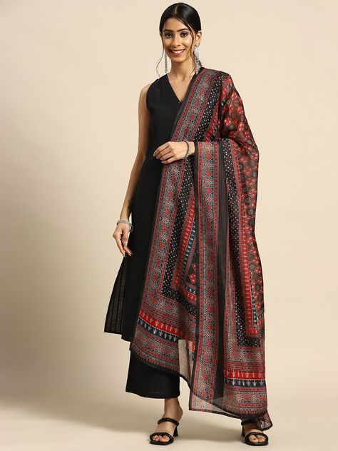 Buy Anayna Women Black Ethnic Motifs Pure Cotton Kurta With Palazzos & Dupatta - Kurta Sets for Women 17351572 | Myntra Indian Dress For Women, Party Wear Dresses Indian, Black Kurti, Cotton Kurta Set, Sleeveless Kurta, Indian Dresses For Women, Lehenga Designs Simple, Ethnic Motifs, Modern Saree