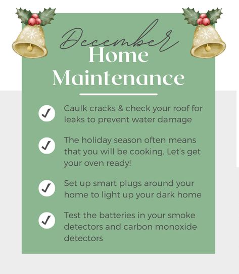 🎄December Newsletter: Home Maintenance Checklist🎅 📌caulk crafts & check your roof for leaks to prevent water damage 📌 get your oven ready for holiday cooking! (especially if you just hosted Thanksgiving) 📌 set up smart plugs 📌test the batteries in your smoke & CO detectors #december #homemaintenance #hunterdoncounty #gallagherhomesNJ #homeowners #holidays December Newsletter, Home Maintenance Tips, Local House, Real Estate Guide, Home Maintenance Checklist, Maintenance Checklist, Real Estate Education, Holiday Prep, Hosting Thanksgiving