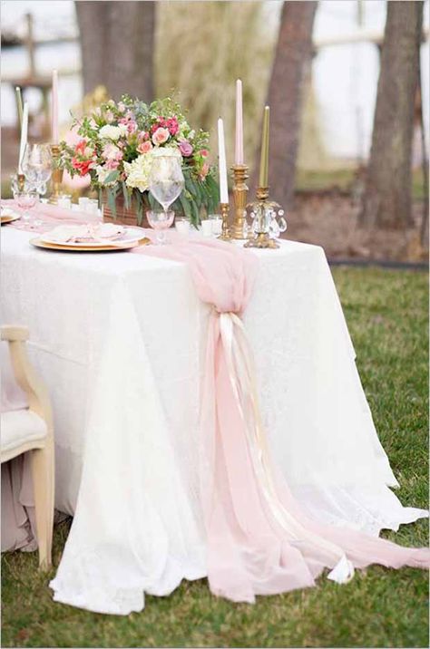 26 Ridiculously Pretty & Seriously Creative Wedding Table Runners Ideas You're So Gonna Want! Chiffon Table Runner, Pink Tablecloth, Table Rose, Low Cost Wedding, Table Runners Wedding, Pink Table, White Table Cloth, Romantic Decor