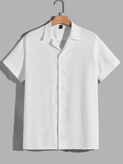 White Basics  Short Sleeve Polyester Plain Shirt Embellished Non-Stretch Summer Men Tops Mens White Dress Shirt, Plain White Shirt, Shein Men, White Shirt Outfits, Shirt Outfit Men, White Shirt Men, Guys Clothing Styles, The Office Shirts, Plain Shirt