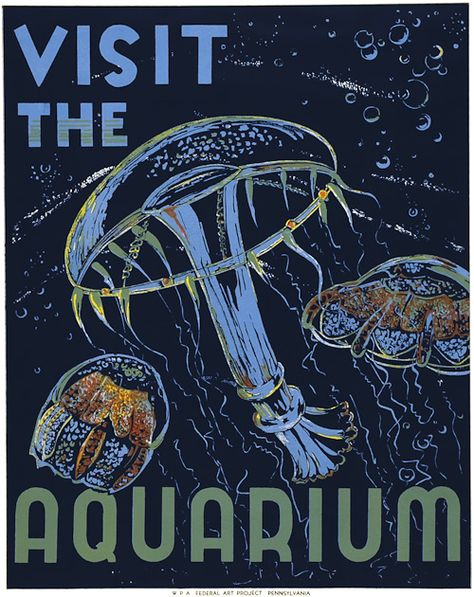 Poster by Hugh Stevenson Wpa Posters, Tourism Poster, Vintage Advertising Posters, Dorm Posters, The Aquarium, American Travel, Marine Animals, Sumi E, Advertising Poster