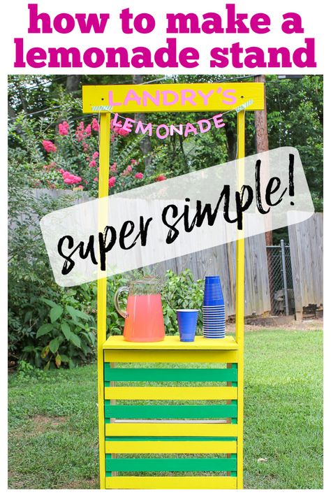 DIY Lemonade Stand - an easy to build lemonade stand idea that's super cute too! Learn how to make a lemonade stand with this simple tutorial. #kids #lemonadestand #summer Lemon Aid Stand Ideas, Easy Diy Lemonade Stand, Make A Lemonade Stand, Selling Stand, Kids Lemonade Stand, Kids Lemonade Stands, Lemonade Stand Ideas, Lemon Aid, Diy Lemonade Stand