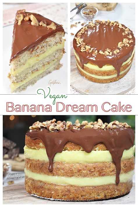 Vegan Banana Dream Cake - Gretchen's Vegan Bakery Fluffy Banana Cake, Pastry Cake Recipes, Vegan Banana Cake, Cooking Sweets, Cream Custard, Vegan Baking Recipes, Vegan Guide, Ganache Recipe, Vegan Pie