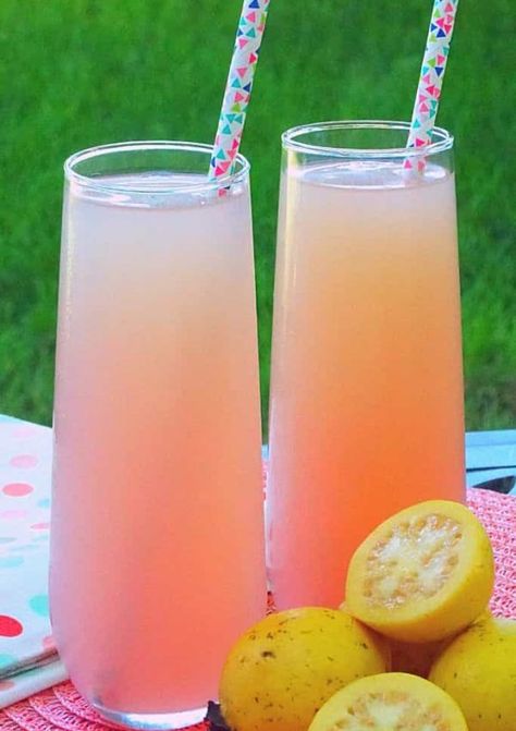 Enjoy a delicious, tropical Guava Mimosa. It's the perfect drink to serve for brunch, and you won't believe how easy it is to make. There are only two ingredients! It's so yummy, and it's the perfect addition to your mimosa bar. You'll enjoy making it with champagne or other sparkling wine. Guava Drink Cocktails, Guava Mimosa, Sangria Mimosa, Mimosa Punch, Guava Drink, Pink Mimosa, Special Drinks, Guava Juice, Mimosa Recipe