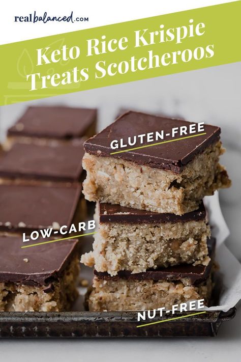 Keto rice krispie treats scotcheroos are a must-try for anyone who follows a low-carb diet and enjoys a sweet dessert! This easy recipe requires just 20 minutes of prep time and is gluten-free, grain-free, nut-free, egg-free, and refined sugar-free! #realbalancedblog #ricecrispytreats #lowcarbdessert #ketoscotcheroos Keto Rice, Scotcheroos Recipe, Rice Crispy Bars, Monk Fruit Sweetener, Keto Friendly Desserts, Rice Crispy Treats, Rice Krispie Treats, Crispy Treats, Rice Krispie