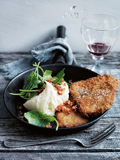 This quick and elegant meal is the perfect dinner recipe for a date night in! Easy, panko-crusted schnitzel combines with a mash of turnip, parsnips, and potatoes with a touch of horseradish for some fine dining at home. Schnitzel Photography, Beef And Horseradish, Beef Schnitzel, Donna Hay Recipes, Dinner Beef, Donna Hay, Beef Dishes, Food Presentation, Beautiful Food