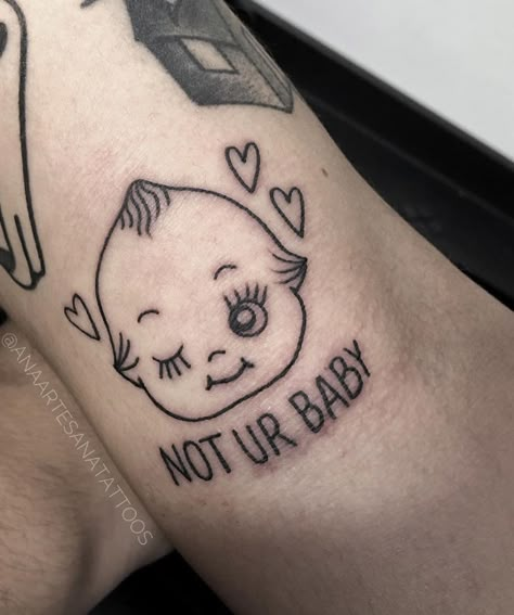 Old School Kewpie Doll Tattoo Kewpie Head Tattoo, Cutie Doll Tattoo, Doll Tattoo Design, Traditional Kewpie Doll Tattoo, Traditional Baby Tattoo, Halloween Kewpie Tattoo, Baby Doll Tattoo, Kewpie Drawing, Cupie Doll Tattoo