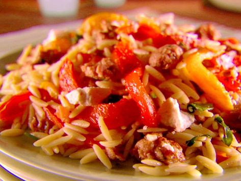 Orzo with Sausage, Peppers and Tomatoes Recipe | Giada De Laurentiis | Food Network Cheddarwurst Recipes, Soppressata Recipes, Mulberries Recipes, Orzo Sausage, Wingette Recipes, Orzo With Sausage, Cornish Recipes, Giada De Laurentiis Recipes, Giada Recipes