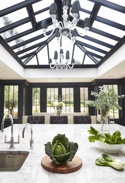 Stylish Luxury Orangery Kitchen Extension in Surrey - David Salisbury Orangery Kitchen, Orangery Extension Kitchen, Orangery Interior, Kitchen Orangery, Extension Kitchen, Modern Conservatory, Butterfly Chairs, Orangery Extension, Kitchen Dining Room Combo