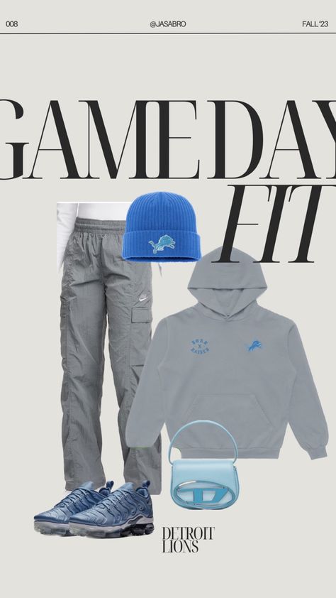 Sporty outfit, fall outfit ideas, sports, Detroit Lions, football outfit, street style, streetwear, fall style Detroit Lions Outfit Woman, Style Hoodie Outfit, Football Game Theme Outfit, Cargo Pants Fall Outfit, Football Game Day Outfit, Pants Fall Outfit, Fall Fashion Comfy, Recycled Outfit, Gray Outfit