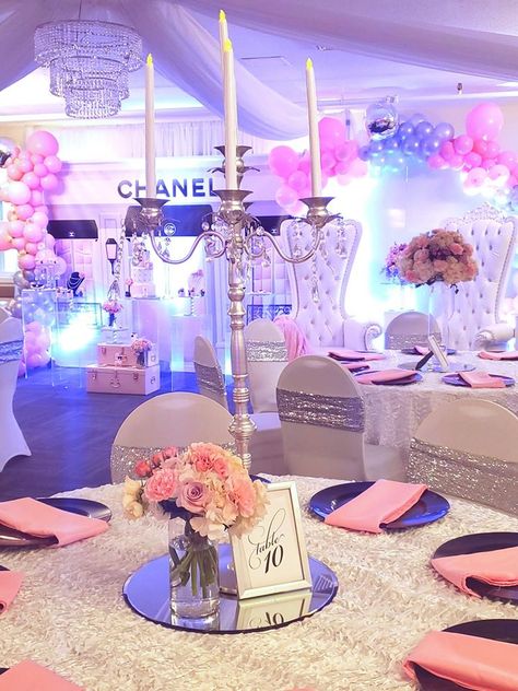 Classic and Chic Chanel Party - Sweet Sixteen Quinceanera Chanel Themed Birthday Party Sweet 16, My Melody Quinceanera, Chanel Quinceanera Theme, Sweet Sixteen Table Decorations, Chanel Sweet 16 Ideas, Chanel Sweet 16, Sweet16 Party Ideas, Chanel Themed Birthday Party, Ideas For Sweet 16