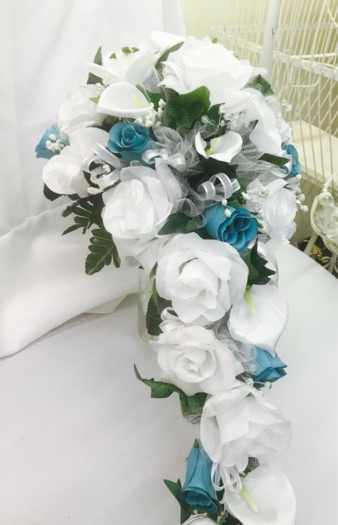 Bridal Bouquet Cascade, Teal Wedding Bouquet, Jasmine Bouquet, Cascade Bridal Bouquet, Bouquet Cascade, Wedding Bouquet White, Wedding Planning Boards, Wedding Planning Board, Silk Flower Bouquet