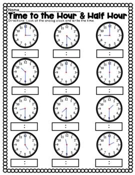 Time to the Hour and Half Hour:This worksheet has a mix of time to the hour and time to the half-hour. Look at the analog clock and write down the time. I have included two copies of the same worksheet: One with the colon to write the digital time and one without the colon. Thanks so much for your ... Clocks Worksheets, Time To The Half Hour, Math Worksheets For Kids, Time Quiz, Clock Worksheets, Telling Time To The Hour, Fun Math Worksheets, Math Practice Worksheets, Time To The Hour