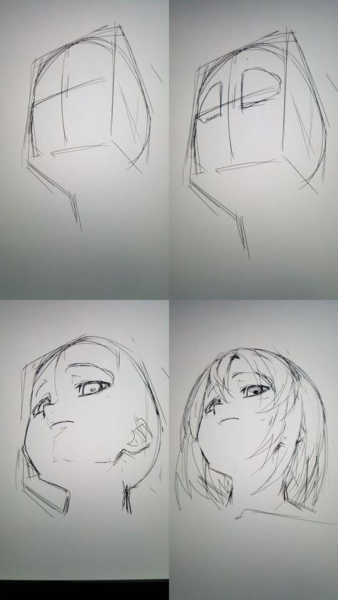 Sideways Profile Drawing, Anime Character With Sharp Teeth, Parka Drawing Reference, Dynamic Perspective Poses Drawing, Anime Face Looking Up, Anime Head Perspective, Perspective Face Reference, Duo Art Base Reference, Looking Down Reference Perspective