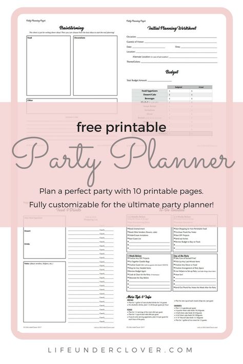 free printable Party Planner worksheets, plan the perfect party, 10 printable pages, http://www.lifeunderclover.com Party Planning Sheet, Party Planner Template Free, Party Budget Worksheet, Birthday Party Budget Worksheet, Birthday Party Planning Checklist Free Printable, Event Planning Template Free Printable, Party Planning Template Free Printable, Party Planning Budget Template, Party Planning Checklist Organizing