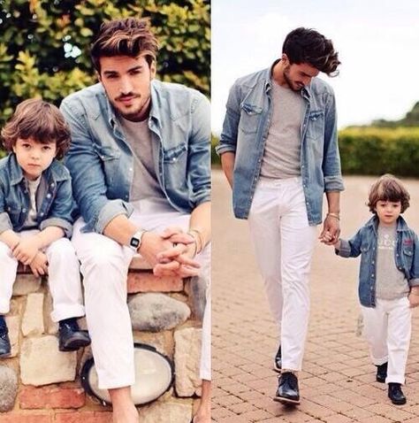 matching • dad & son • denim • white Daddy And Son Outfits, Father Son Matching Outfits, Father Son Outfits, Father Son Photos, Son Outfits, Father Son Matching Shirts, Father Son Shirts, Matching Outfit, Dad Son