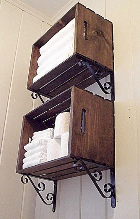 Crate Shelves, Farmhouse Side Table, Cute Dorm Rooms, Trendy Bathroom, Towel Storage, Home Organization Hacks, Bathroom Shelves, Rustic Diy, Rustic Furniture